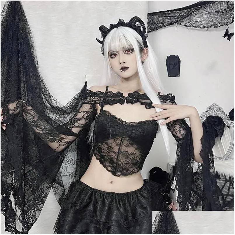 Women`s Blouses Halloween Elegant Lace See Through Blouse Women Embroidery Cut Out Sexy Hollow Tops Solid Color Gothic Style Fashion