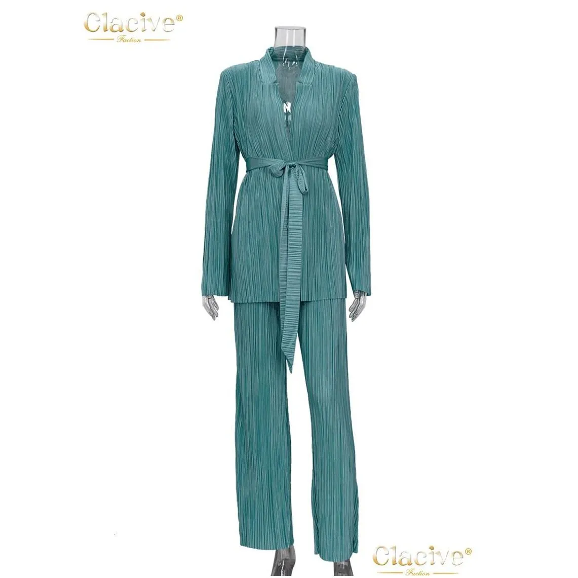 Women`S Plus Size Tracksuits Clacive Autumn Green Pleated Pants Set Bodycon Slit Trosuer Suits Fashion Lace-Up Long Sleeve Blazer 2 P Dh7Q2