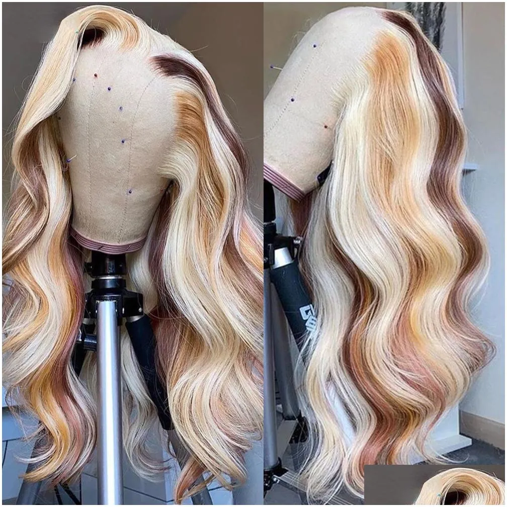 180 Density Brazilian Highlight Blonde Colored Simulation Human Hair Wig Body Wave Ombre HD Transparent Straight Lace Front Wigs For