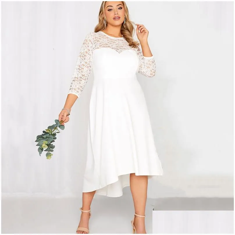 Plus Size Dresses 3/4 Lace Sleeve Spring Autumn Elegant Party Dress Women White Flt Flare Midi Large Night Out Wedding Drop Delivery Dhrzh