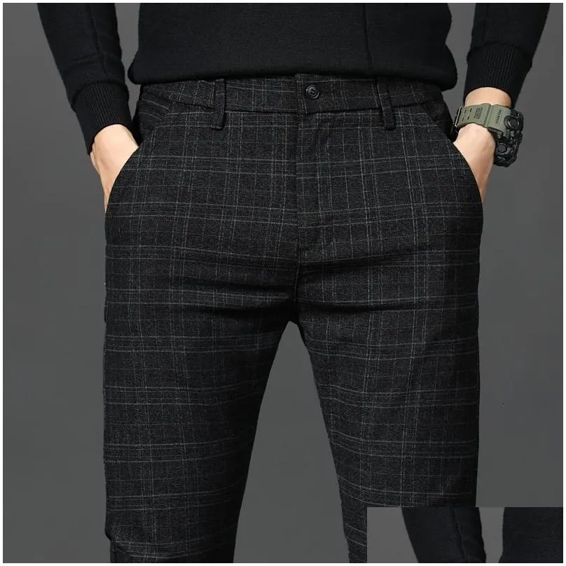 Men`S Pants Mens Black Plaid Trousers Spring And Autumn Fashion Slim Men Gray Stripe Slacks 2838 Pantalones Hombre 230307 Drop Delive Dhdnq