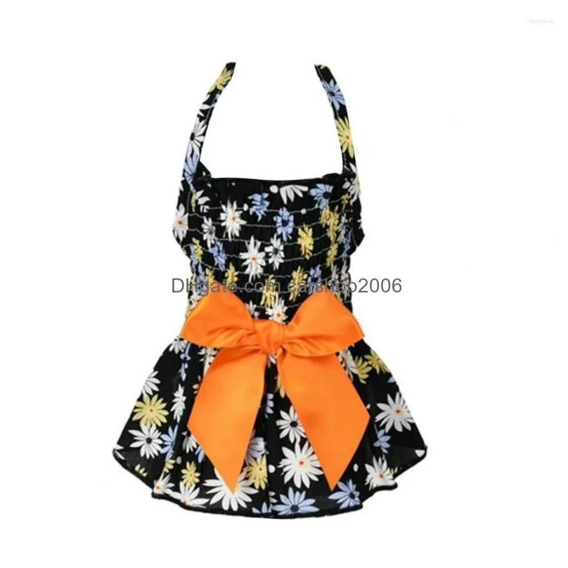 dog apparel pet halter dress comfortable soft eye-catching cotton flower print bowknot princess costume accessories