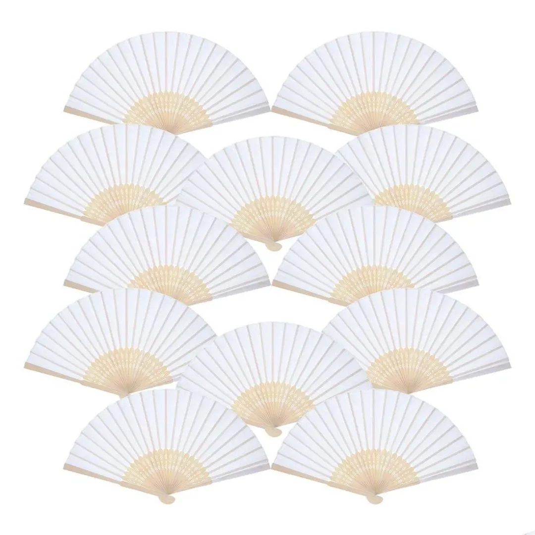 12 pack hand held fans party favor white paper fan bamboo folding fans handheld folded for church wedding gift