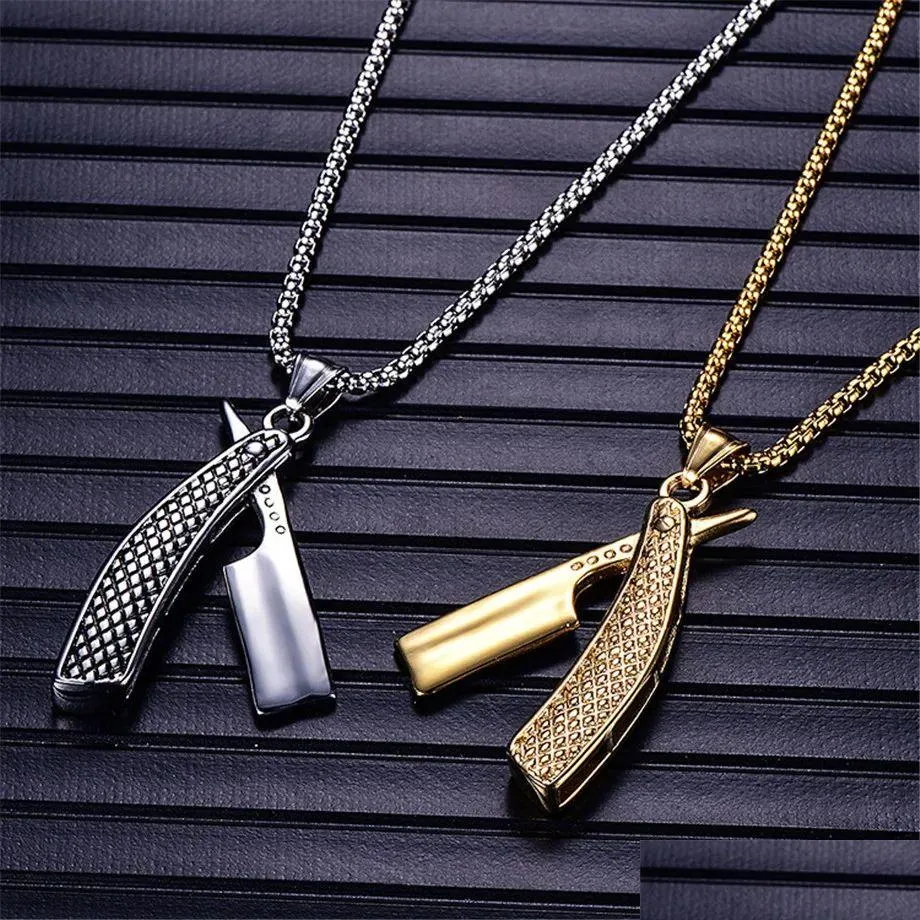 Punk Razor Blade Pendants Necklaces Golden Color 14k Yellow Gold Chain Barber Shop Necklace for Men Jewelry