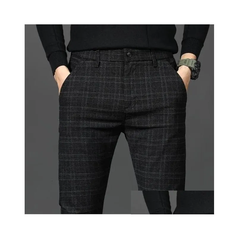 Men`S Pants Mens Black Plaid Trousers Spring And Autumn Fashion Slim Men Gray Stripe Slacks 2838 Pantalones Hombre 230307 Drop Delive Dhdnq