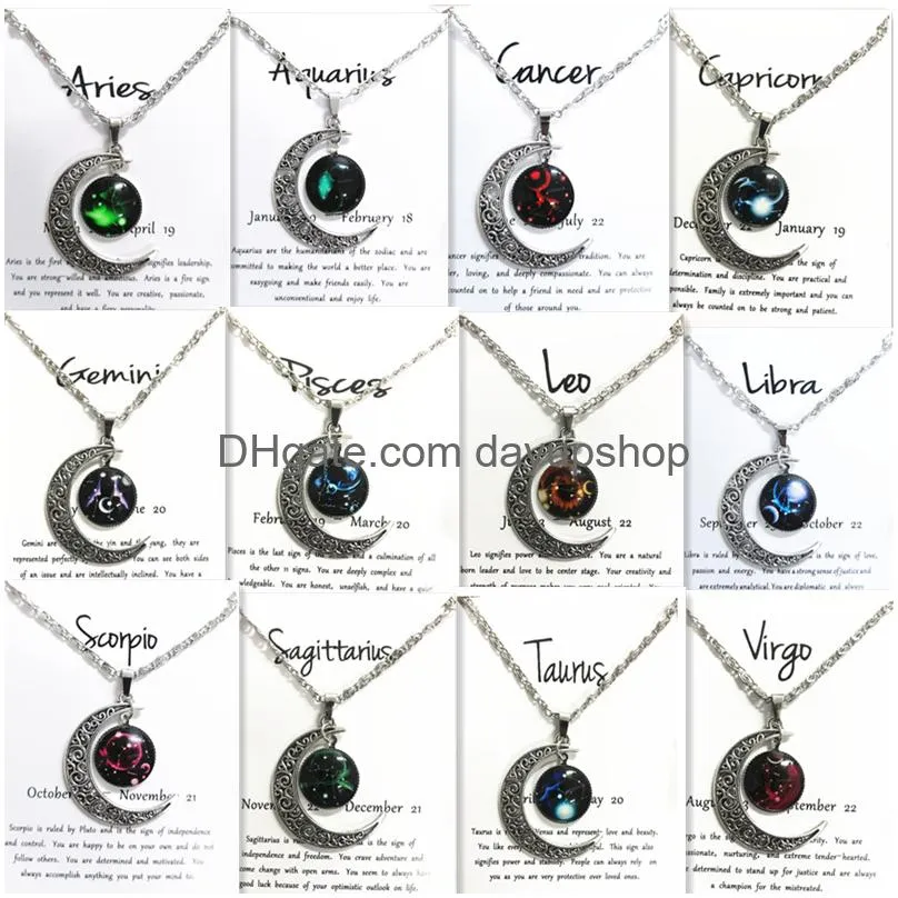 Pendant Necklaces Night Glow Retro Moon12 Constellation Zodiac Sign Necklace Horoscope Jewelry Galaxy Libra Astrology Gift With Retail Dhwic