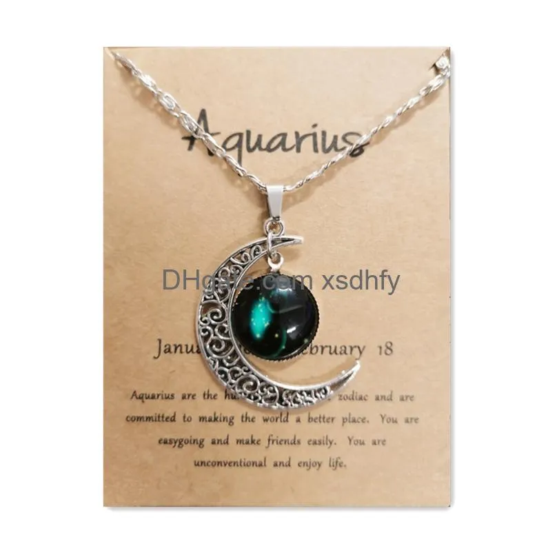 Pendant Necklaces Night Glow Retro Moon12 Constellation Zodiac Sign Necklace Horoscope Jewelry Galaxy Libra Astrology Gift With Retail Otrp3