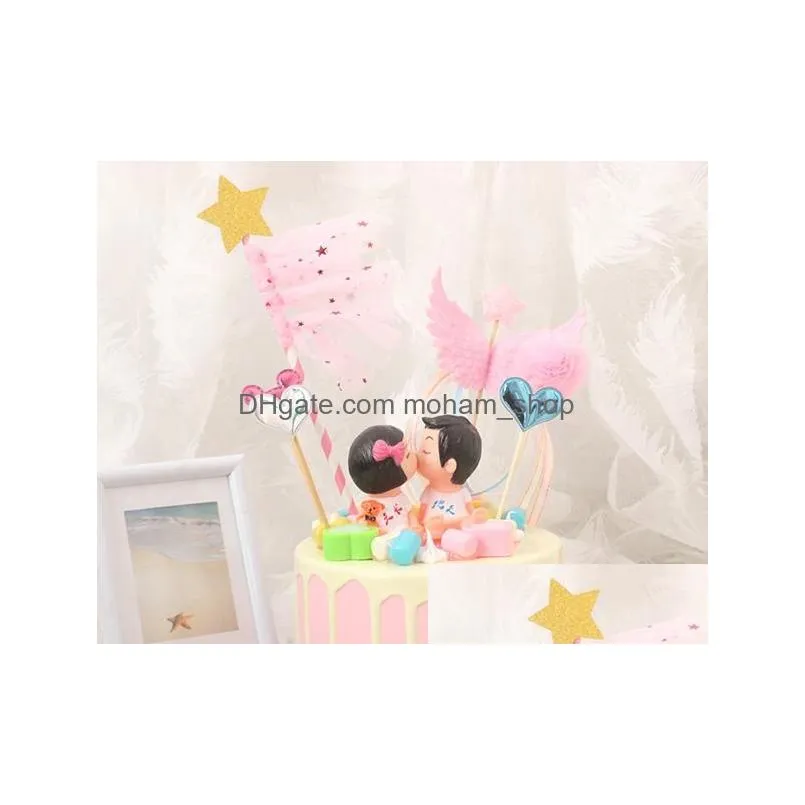 angel wings cake decor toppers little star satin tassel cupcake toppers picks for baby shower birthday weddding white pink blue black