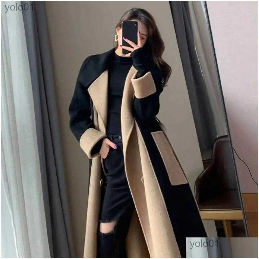 Women`s Wool Blends Women Overcoat Color Matching Double-breasted Winter Coat Mid Length Double-sided Turn-down Collar Lady Coat For