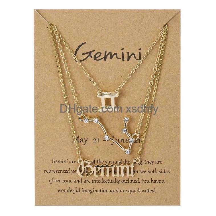 Pendant Necklaces 3Pcs/Set 12 Constellation Zodiac Sign Necklace Horoscope Zircon Jewelry Galaxy Libra Astrology Gift With Retail Drop Otpd2