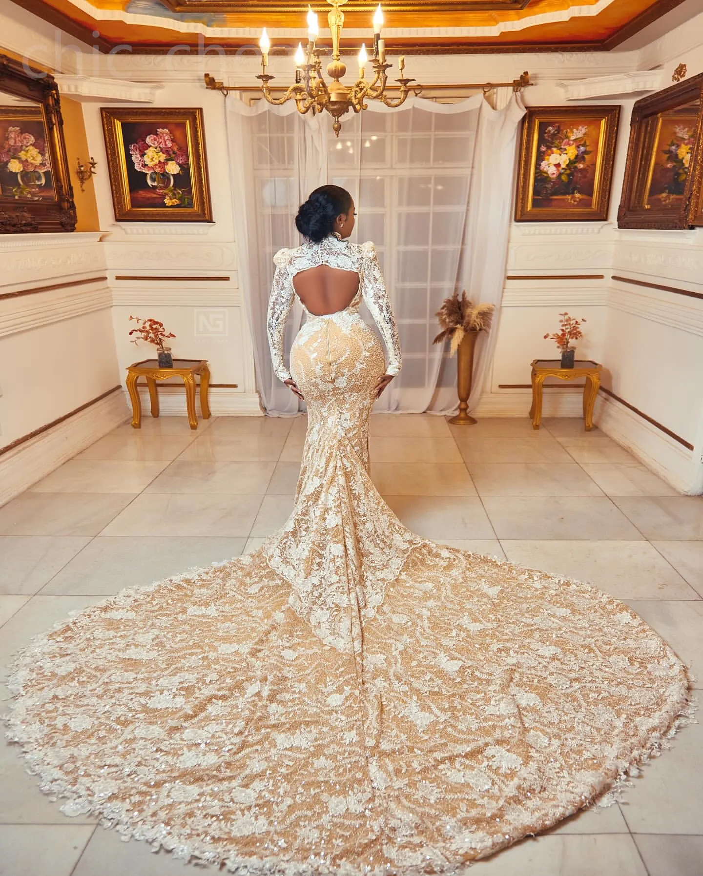 2024 Arabic Aso Ebi Plus Size Illusion Mermaid Wedding Dress Lace Backless Luxurious Bridal Gowns Dresses ZJ022