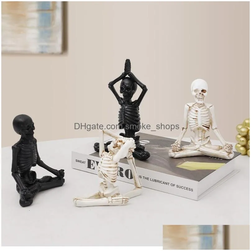 decorative objects figurines creative home decoration yoga skull statue gothic living room decor desk ornaments skeleton resin sculpture and gift