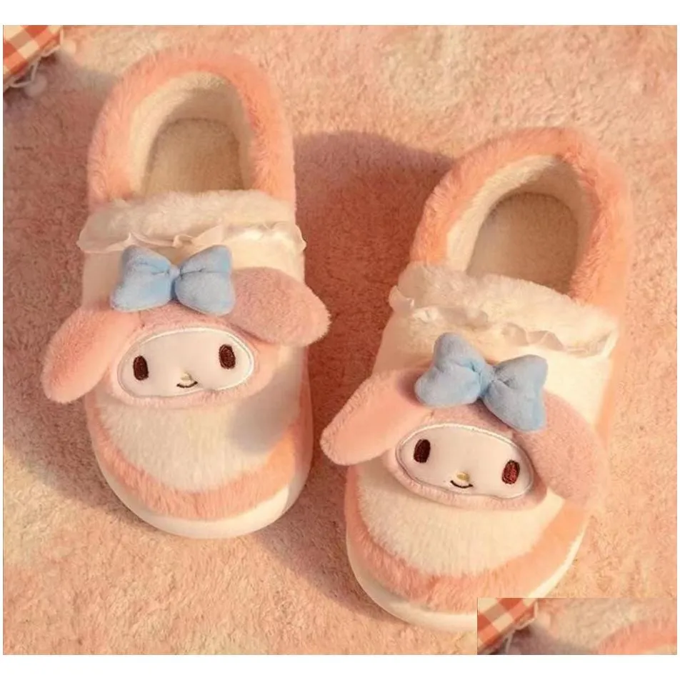 Ins Fashion Cartoon Cute Kuromi Melody Cinnamoroll Plush Shoes Home Warm Plush Shoes Festival Gift Size 35-40