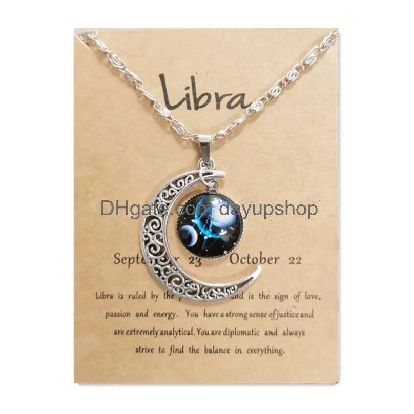 Pendant Necklaces Night Glow Retro Moon12 Constellation Zodiac Sign Necklace Horoscope Jewelry Galaxy Libra Astrology Gift With Retail Otpmo