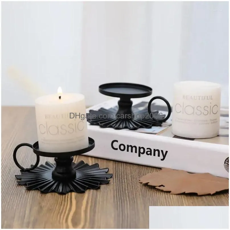 candle holders 2pcs retro iron candlestick exquisite scalloped base creative ring-handle black/gold dinner ornament tearoom