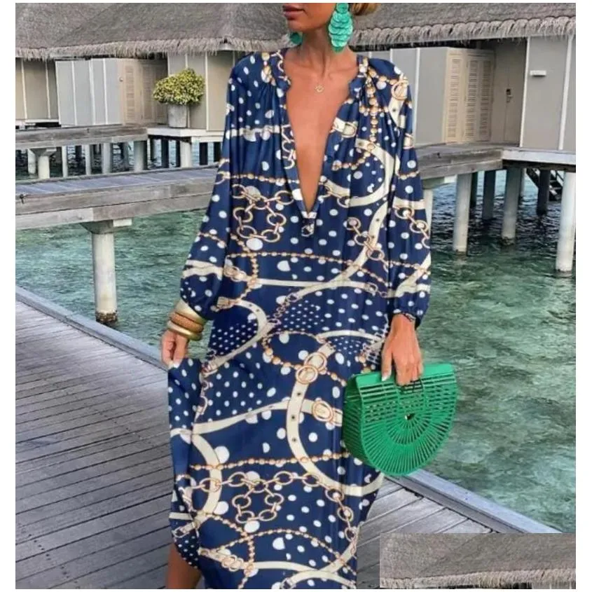 Casual Dresses Women Boho Print Loose Beach Elegant Retro Harajuku V-Neck Maxi Dress Sexy Long Sleeve Oversized