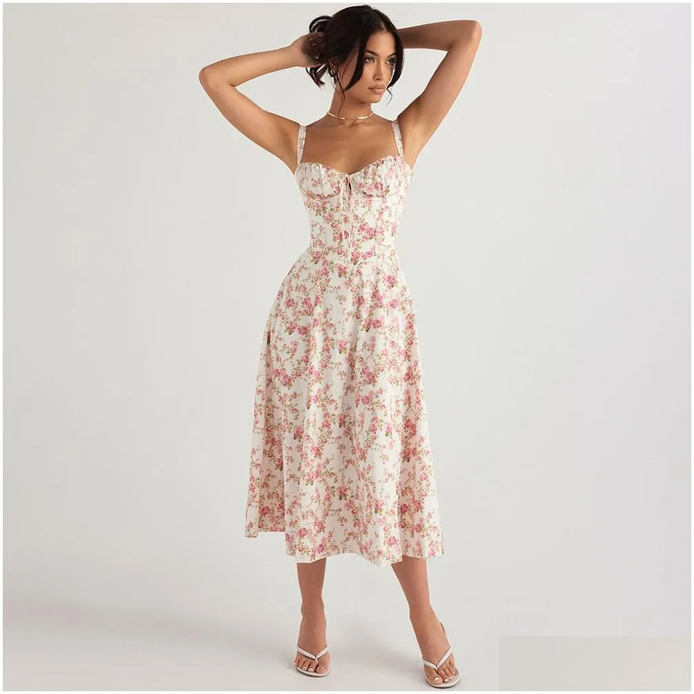 Casual Dresses Corset dress Split skirt Bow tie Chest frill details Print Floral Midi Dresses Back Lace Up Robe Clothing Women`s Summer Long