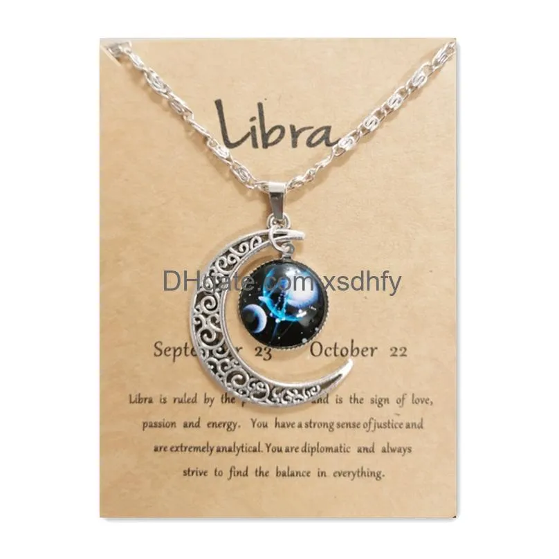 Pendant Necklaces Night Glow Retro Moon12 Constellation Zodiac Sign Necklace Horoscope Jewelry Galaxy Libra Astrology Gift With Retail Ot9Xh