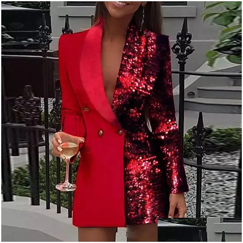 Women`S Suits & Blazers Womens Stitching Printed Long Sleeve Suit Casual Blazer Black Double Breasted Ladies Jackets Clothing Streetw Dhb0J
