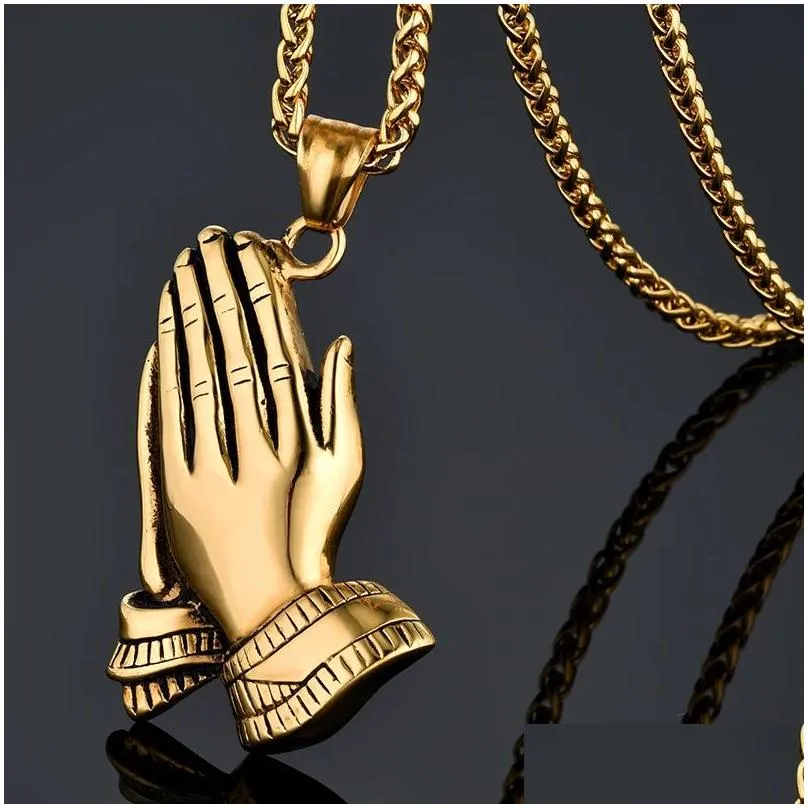 Mens 14k Yellow Gold Jesus Prayer Pendant Necklace Golden Color Hiphop Praying Hands Pendant 2-usage Chain 20 26 Colgante