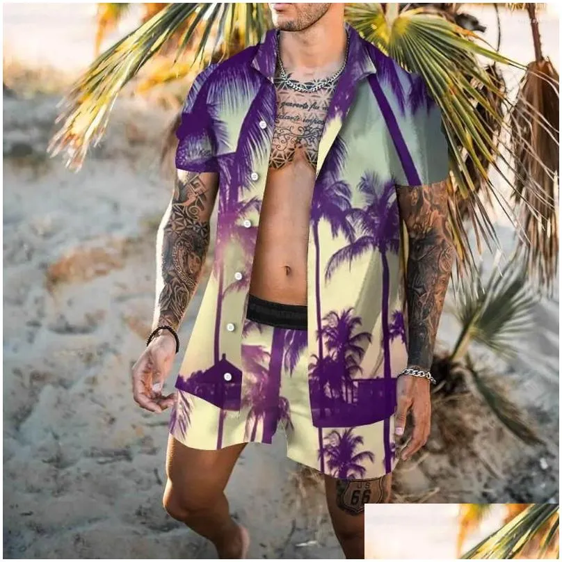 Men`s Tracksuits Fashion Hawaii 2Pcs Set Shirt Beach Style Men 3D Print Holiday Trend Suit Collar Short Sleeve Hawaiion Pants Clothes