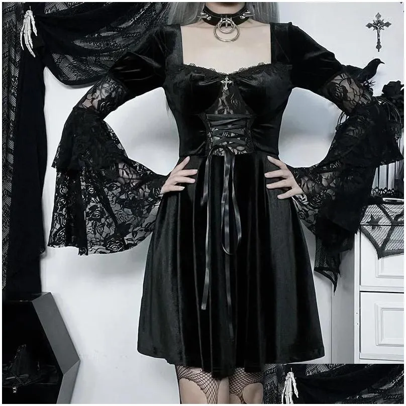 Casual Dresses Gothic Lace Witchy Vintage Dress Women Up Velvet Flare Sleeves 40s 50s Retro Goth Partywear Bodycon Vestidos