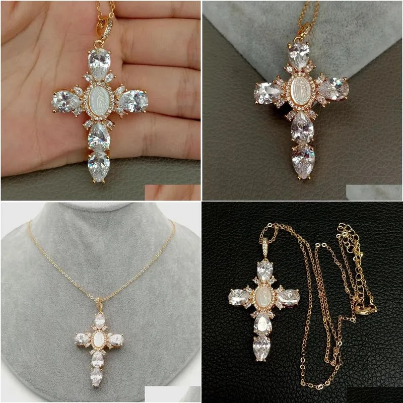 Charms 17.5Shell Pearl Cubic Zirconia Micro Pave Necklace Virgin Mary Cross Pendant Necklacerelius Style For Women Girl 230613 Drop D Dhofa