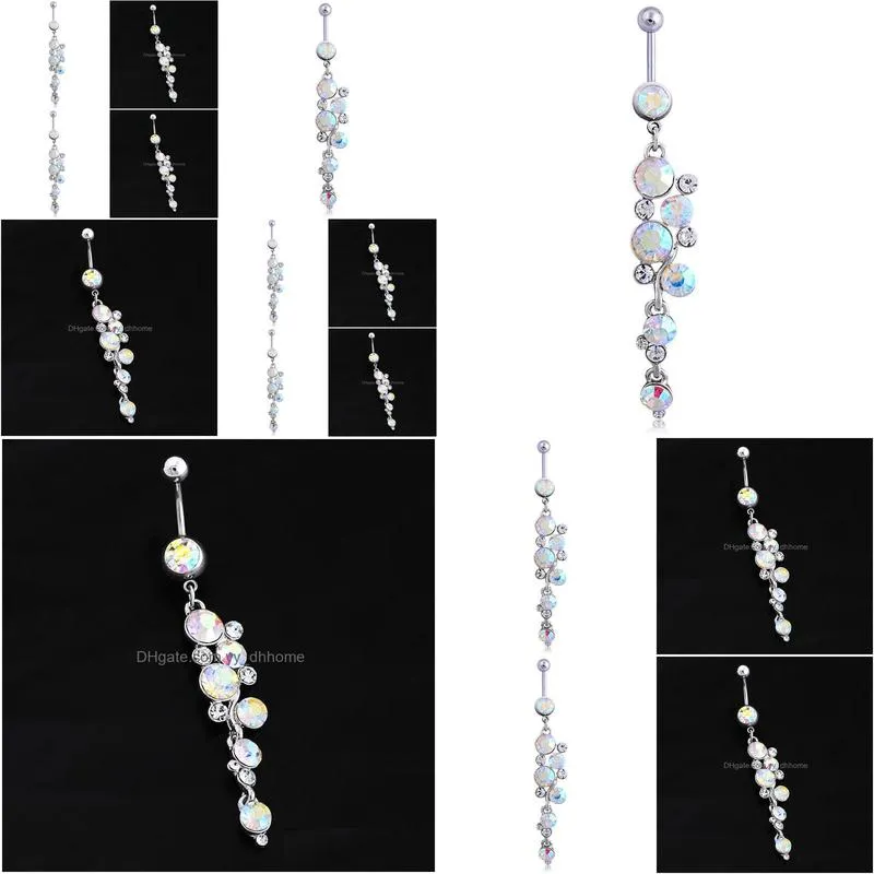 cute opal body jewelry stainless steel rhinestone navel bell button dangle pendant piercing rings for women gift