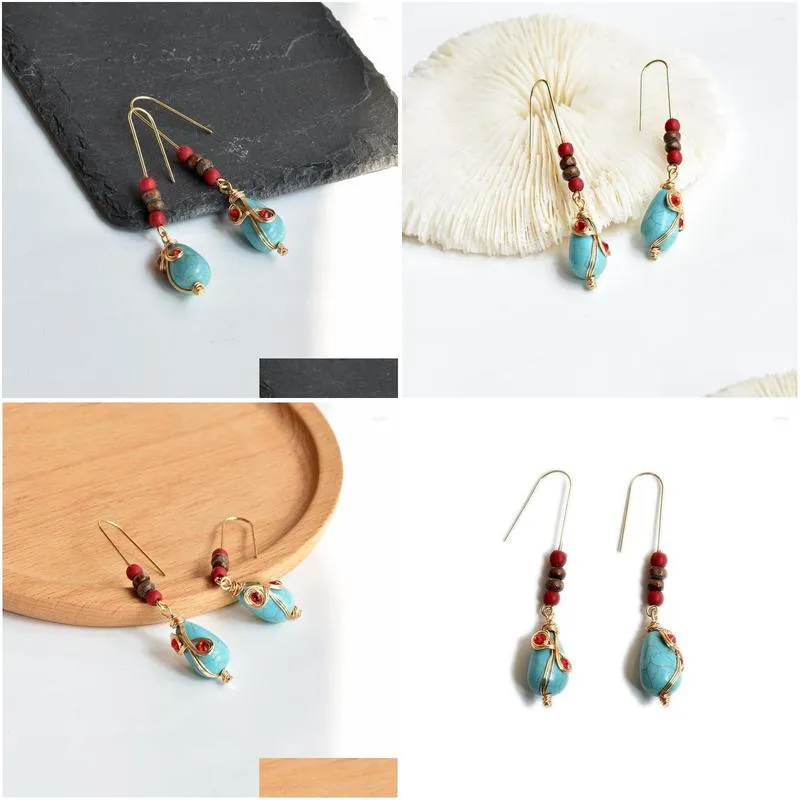 Dangle Earrings Tibetan Style Turquoise Water Drop National Bohemian Women`s