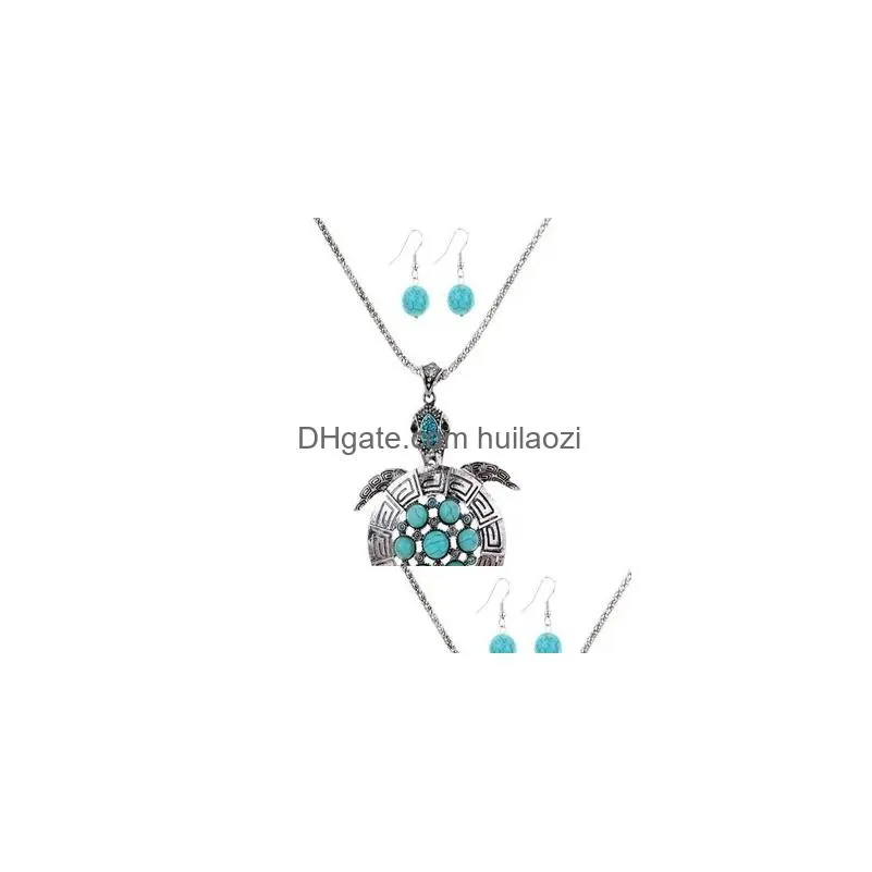 necklace earrings set women retro turquoise turtle charm earrings necklace female accessories jewelry set