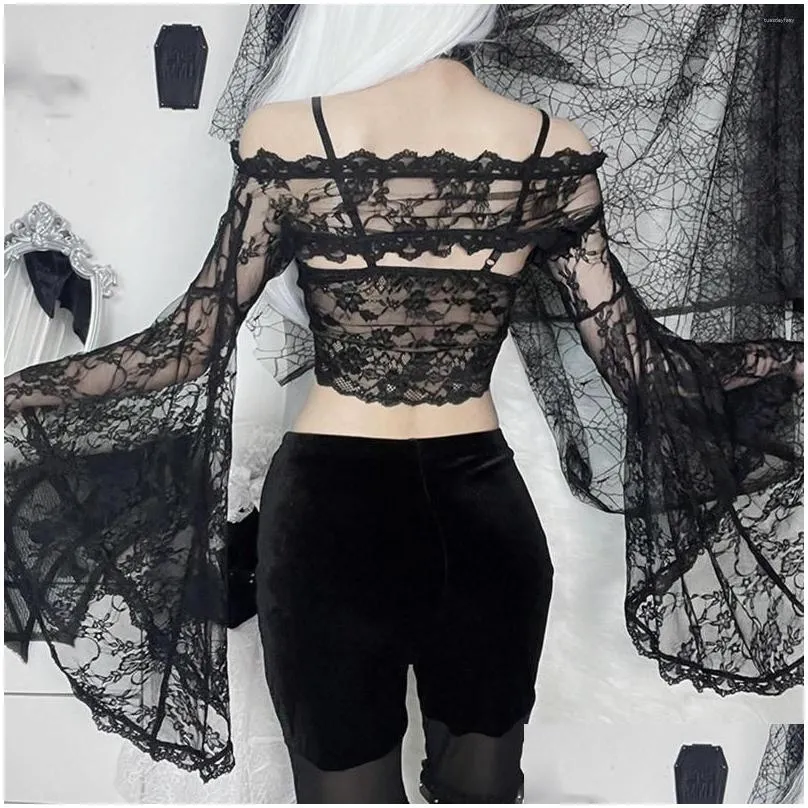 Women`s Blouses Halloween Elegant Lace See Through Blouse Women Embroidery Cut Out Sexy Hollow Tops Solid Color Gothic Style Fashion