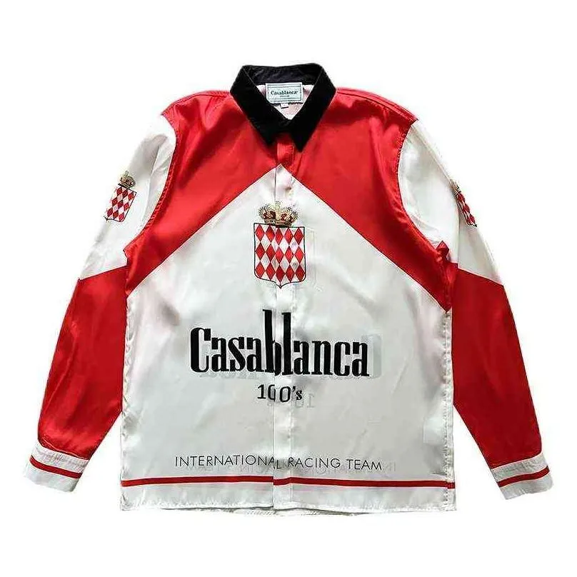 Casablanca red and white stitching design satin white loose long sleeve shirt quality Shirts Top thin t-shirts