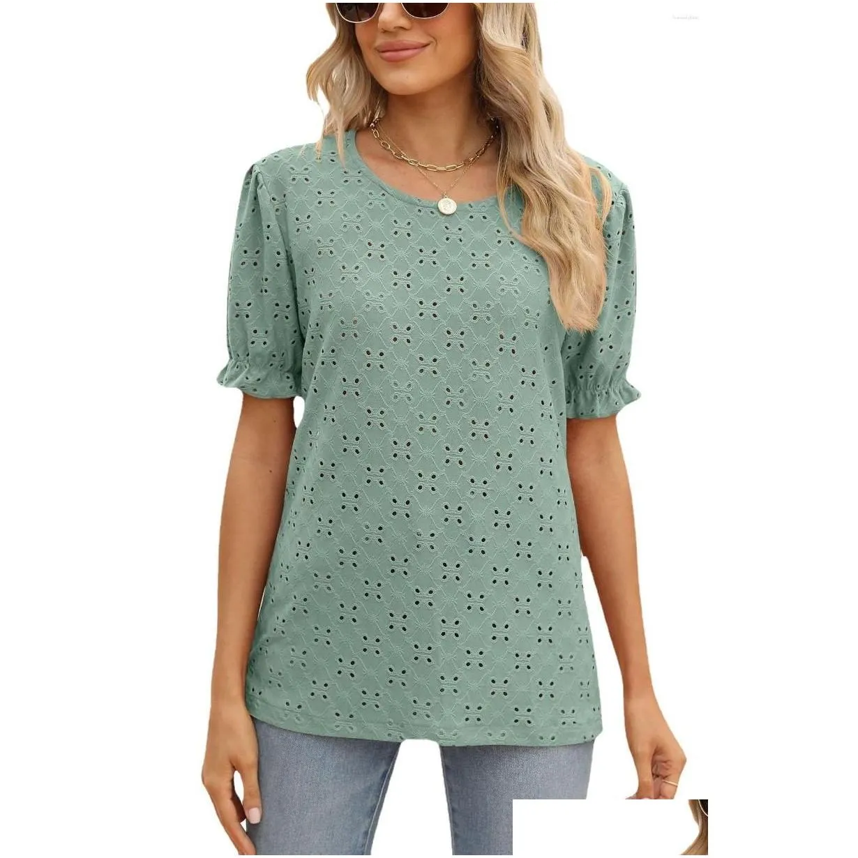 Women`s T Shirts 2023 Summer Fashion Ruffled Hollow Out Round Neck Short Sleeve Solid Color T-Shirts Casual Loose Tunic Tops Clothing