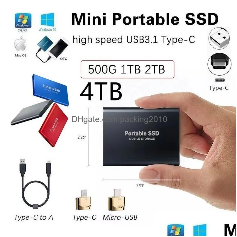 Hard Drives Portable Ssd Type-C Usb 3.1 4Tb 6Tb 16Tb 30Tb Drive 2Tb External M.2 For Laptop Desktop Flash Memory Disk 221105 Drop Del Dhpds