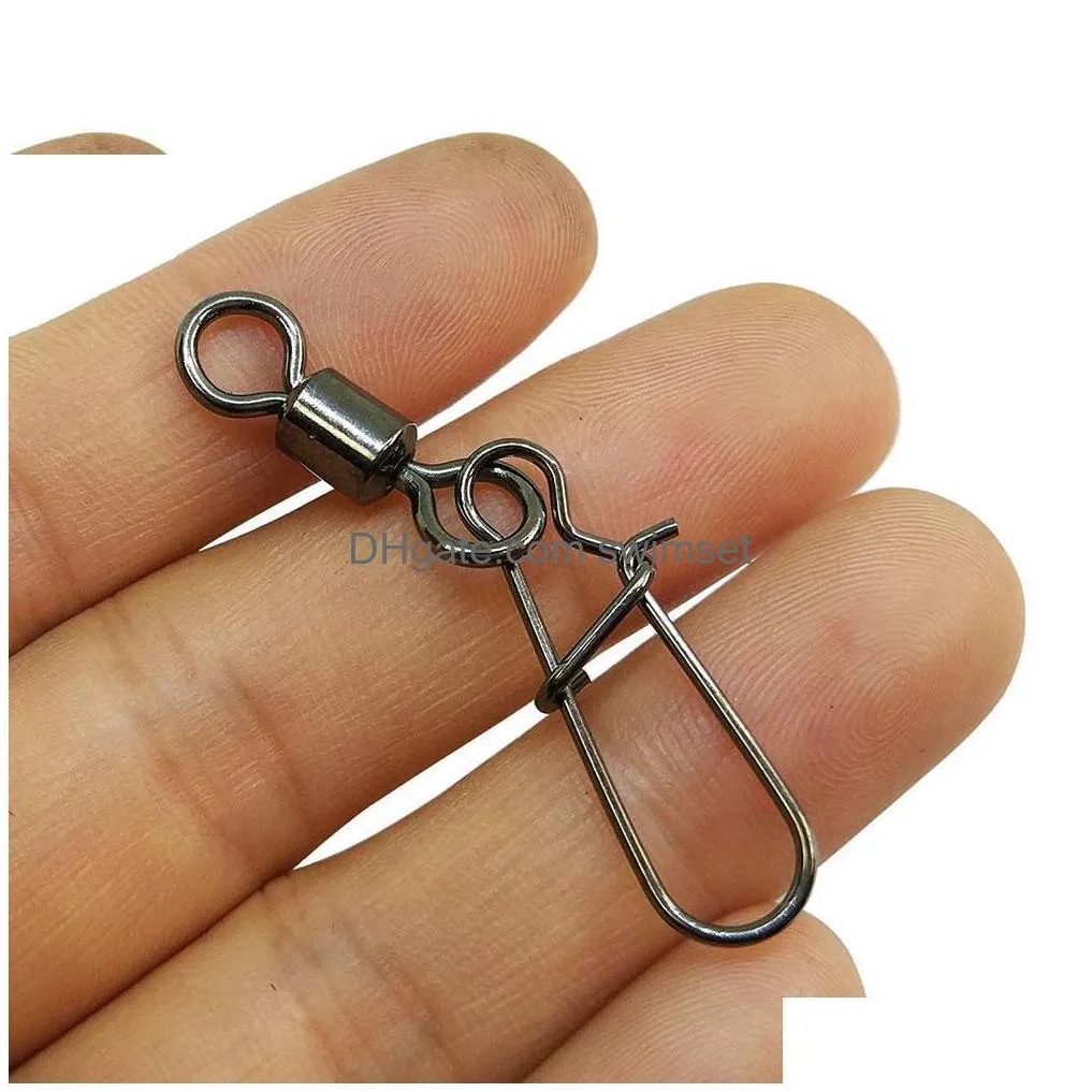 200Pcs/Lot Fishing Rolling Swivel With Duolock Snap Stainless Carp Crappie Tackle Fly Saltwater Lure Connector Drop Delivery Dhw8C