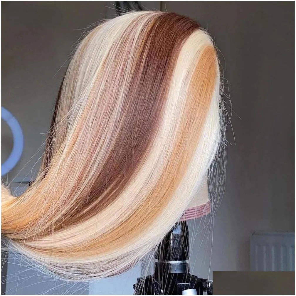 180 Density Brazilian Highlight Blonde Colored Simulation Human Hair Wig Body Wave Ombre HD Transparent Straight Lace Front Wigs For