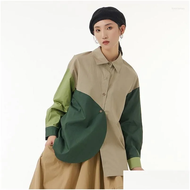 Women`s Blouses Colorblock Designer Shirt Women`s 2023 Spring Summer Fashion Loose Lapel Long Sleeve Single Breasted Trend Female Tops