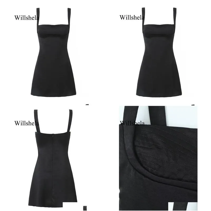 Basic & Casual Dresses Willshela Women Fashion Black Embroidery Backless Zipper Mini Dress Vintage Straps Square Collar Female Chic L Dh5Er