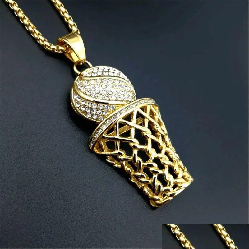 Hip Hop 14k Yellow Gold Iced Out Pave Cubic Zirconia Basketball Basket Pendant With Chains Golden Color Hip Hop Necklace Jewelry