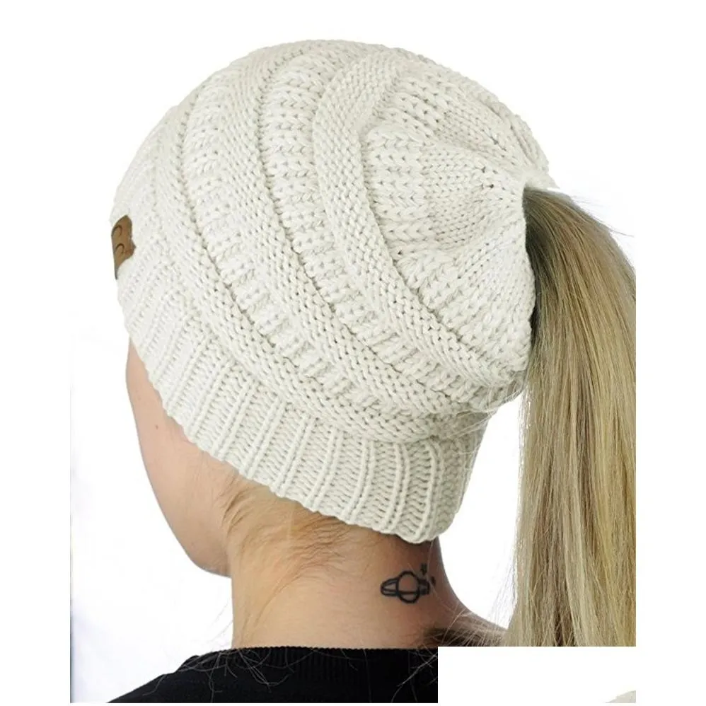 CC Ponytail Beanie Hat Hair Accessories 15 Colors Women Crochet Knit Cap Winter Skullies Beanies Warm Caps Female Knitted Stylish Hats