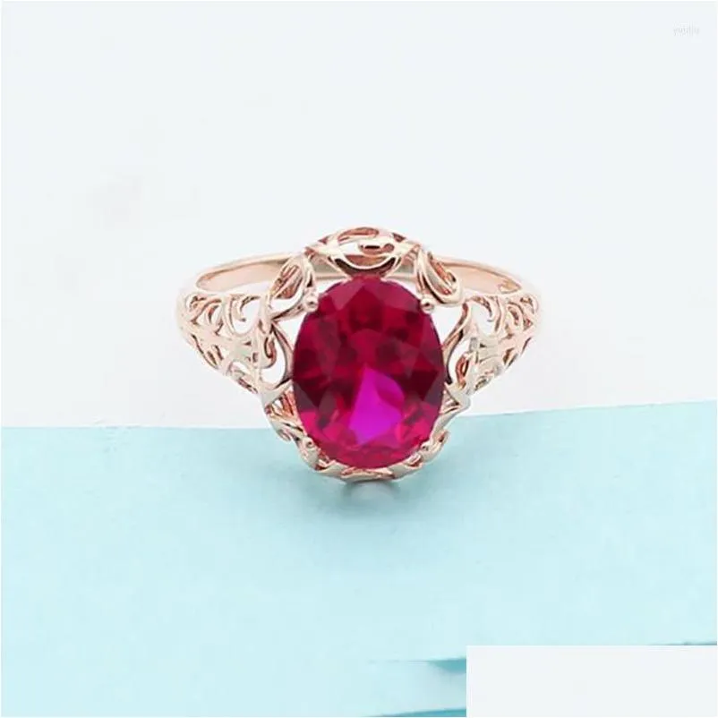 Cluster Rings 585 Purple Gold 14K Rose Inlaid Oval Ruby Engagement Ring Hollow Craftsmanship Elegant And Unique Charm Ladies Jewelry