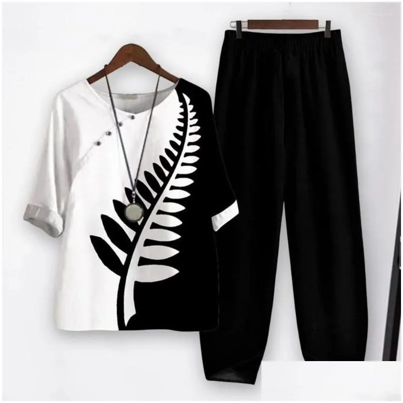 Women`s Two Piece Pants 1 Set Elegant Pullover Top Casual Daily Garment Soft Print Stitching Women Outfit