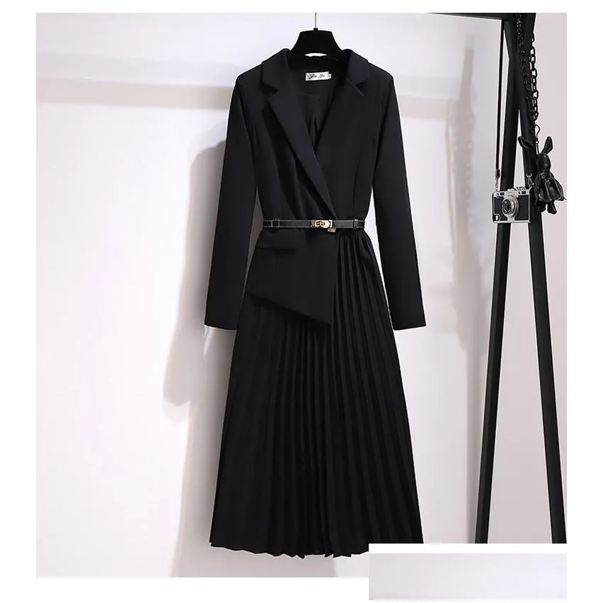 Vintage Pleated Belt Patchwork One Piece Blazer Dress Women Elegant Office Ladies Long Sleeve Notched Female Autumn Midi Vestido 2023