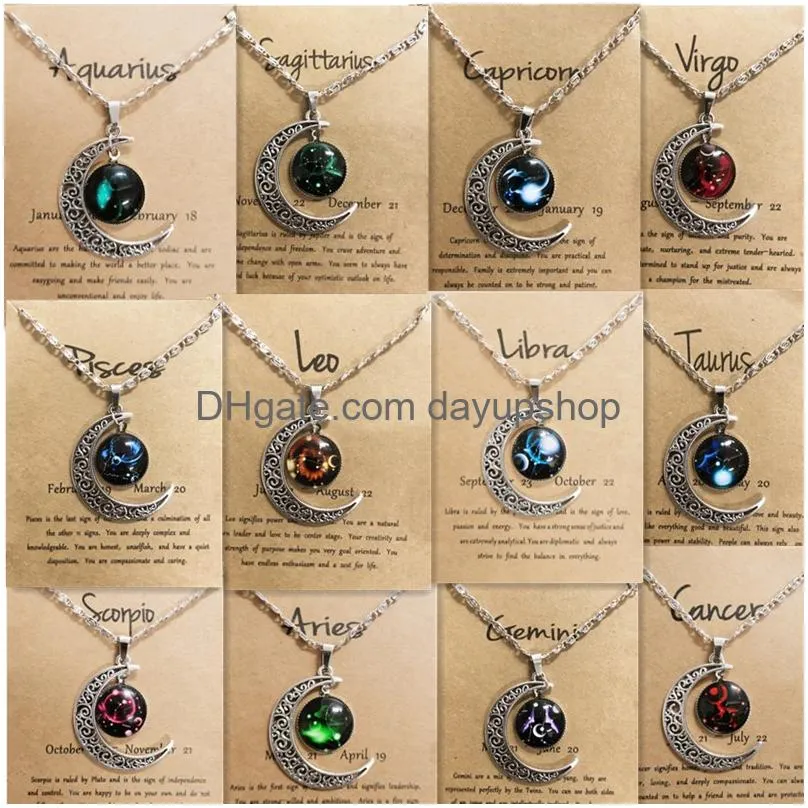 Pendant Necklaces Night Glow Retro Moon12 Constellation Zodiac Sign Necklace Horoscope Jewelry Galaxy Libra Astrology Gift With Retail Otzd3