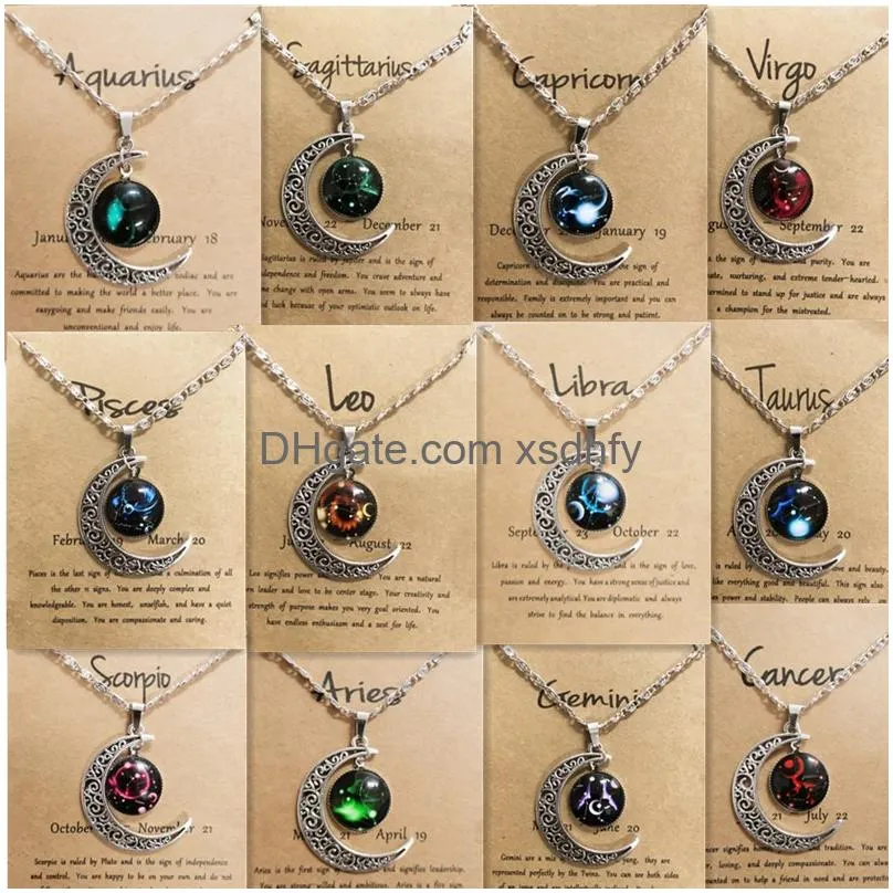Pendant Necklaces Night Glow Retro Moon12 Constellation Zodiac Sign Necklace Horoscope Jewelry Galaxy Libra Astrology Gift With Retail Ot9Xh