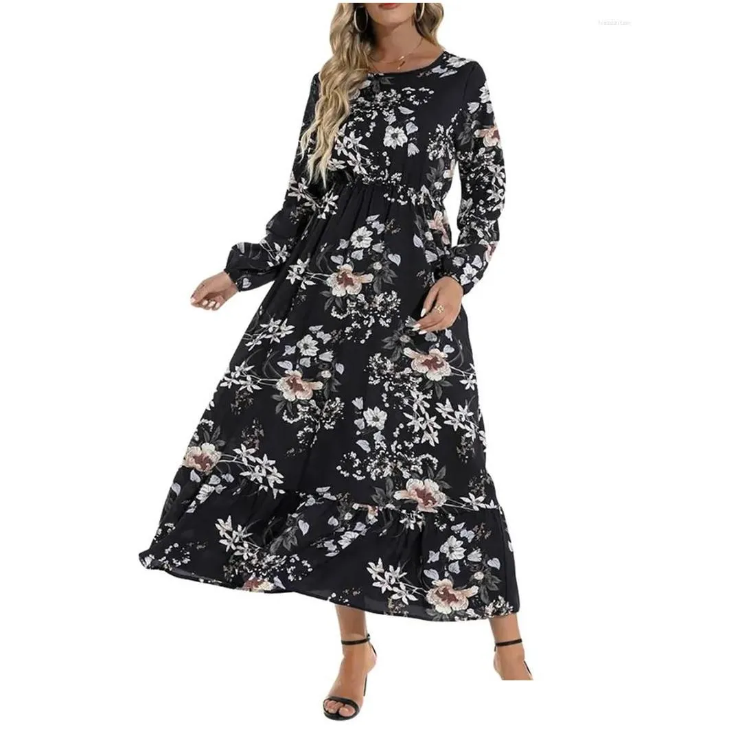 Casual Dresses Women Spring Long Dress Floral Print Crew Neck Sleeve A-line Fashion High Waist Holiday