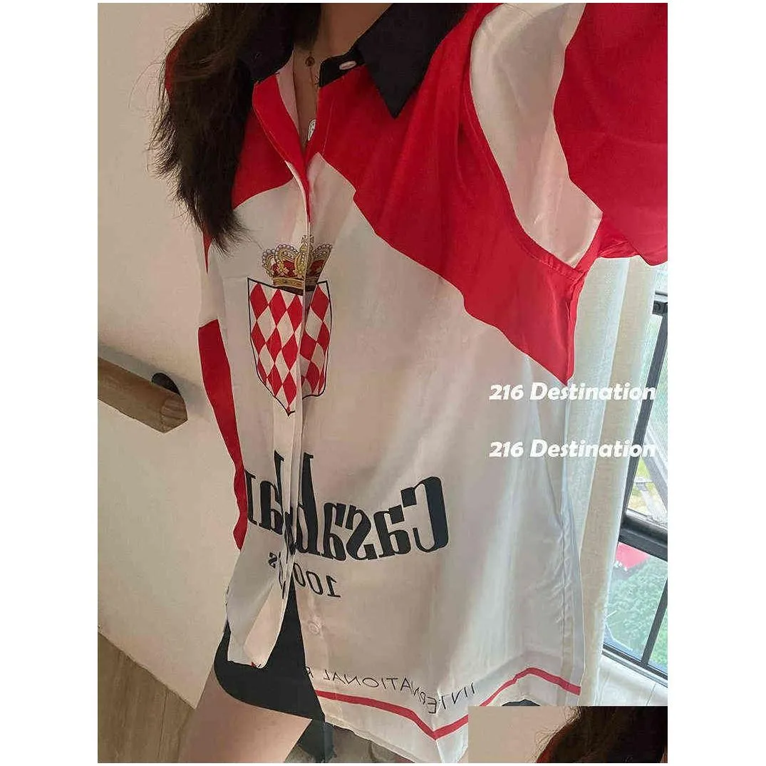 Casablanca red and white stitching design satin white loose long sleeve shirt quality Shirts Top thin t-shirts