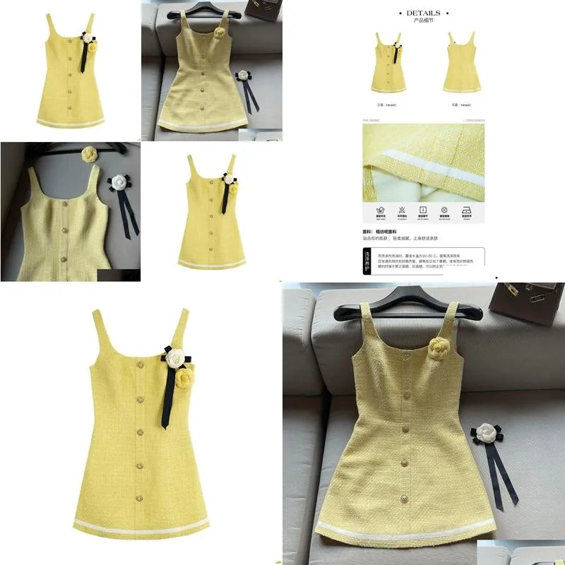 Women`s yellow color sleeveless tweed woolen flower work slim waist casual dress SML