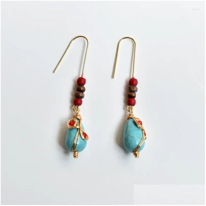 Dangle Earrings Tibetan Style Turquoise Water Drop National Bohemian Women`s