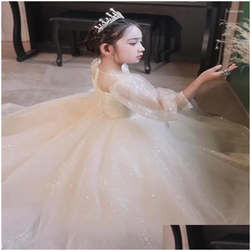 Ethnic Clothing Elegant Formal Champagne Sparkly Exquisite Sequins Dress Girls Wedding Evening Dresses Princess Party Gown